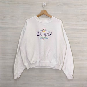 Siegel Strand California Souvenir X-Large Sweatshirt Vintage Hanes California Pullover Pullover Crewneck Weiß Gr. XL