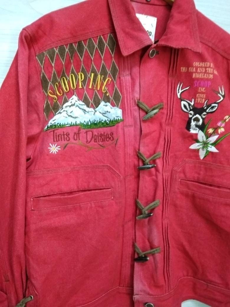 Denim Jacket Pop Art and Embroidery Vintage 90s Red Denim