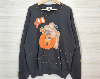 Moletom com capuz de abóbora de Halloween dos anos 90, suéter vintage Spirit Hollow, suéter, pulôver, gola redonda, preto, tamanho 2XL
