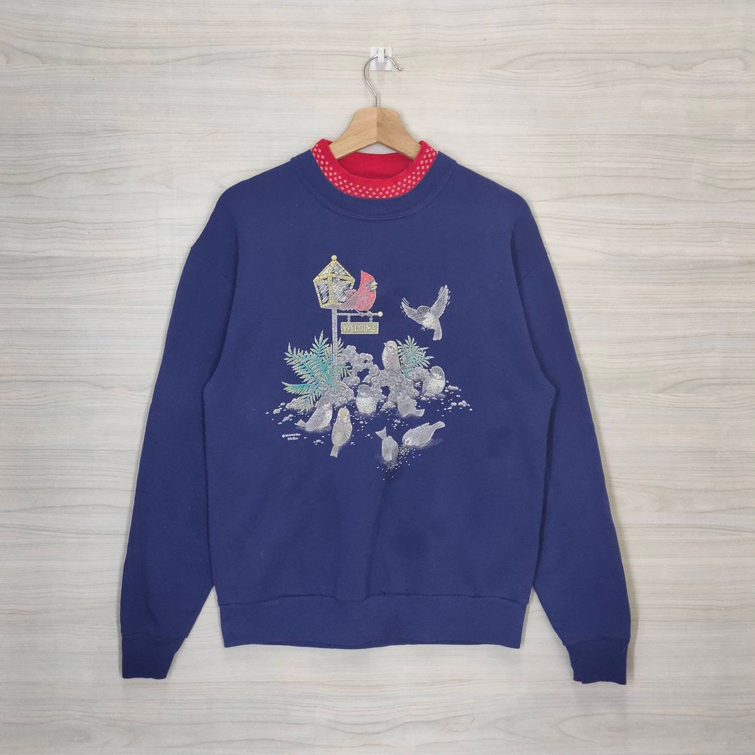 80s-90'S Jerzees Bird Print Animal Sweatshirt, Made in USA, Men's XXL equivalent, Vintage cotton gray type Vintage Second Hand
