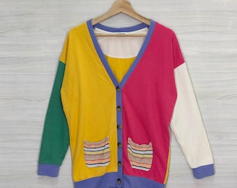 Vtg 80s 90s Colorblock Cardigan Medium Vintage Colorful Multicolor Cardigan Sweater Size M