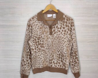 Leopard Long Sleeve Small Vintage Alfred Dunner Patterned Sweatshirt Jumper Collared Womens Size S