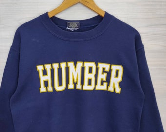 Y2K Humber College Sudadera Peque a Vintage MV Sport Su ter Jumper Crewneck Azul Marino Hombres Tama o S