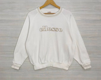 90s Ellesse Sweatshirt Vintage Ellesse Sweater Jumper Pullover Ellesse Italia Perugia Embroidery White Cream Ladies Size Large