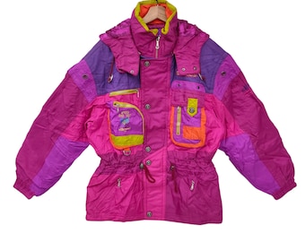 ELLESSE Ski Jacket Medium / Vintage Colorblock Winter Jacket | Retro 80s/90s Style | Multicolor Ski jacket / Purple Pink Neon
