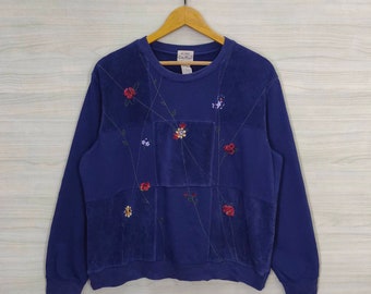 Embroidered Flowers Sweatshirt  Vintage 90s Wildflower Floral Sweater Jumper Pullover Navy Blue Womens Size XL