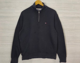 Tommy Hilfiger Sweater Quarter Zip Large Vintage Tommy Hilfiger Sweatshirt Jumper Pullover Black Size L