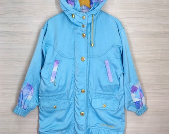 COURREGES Snow Jacket Vintage 90s Courreges Ski Jacket Blue Snowboarding Hoodie Sportswear Skiwear Multicolor Ladies Size 9