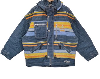 Vintage ASICS Ski Jacket | Retro Striped Hooded Outerwear | Rare Team ASICS Winter Coat Size XL