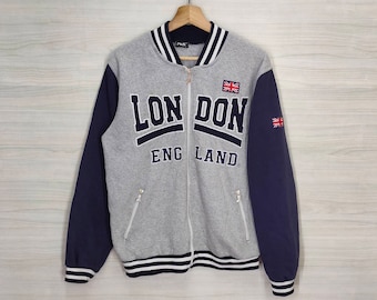 London England Varsity Jacket Medium Vintage NOS Sweater Zipper Embroidery Size M