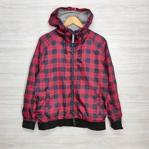 Windbreaker Jacket Hoodie Jacket Checkered Red Black Hipster Vintage 90s Zip Up