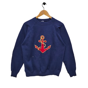 Vtg Anchor Raglan Sweatshirt Large Vintage Embroidery Nautical Sweater Jumper Crewneck Navy Blue Size L