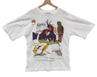 90s Endangered Species Tshirt Vintage Nature Art Tee, Boobook Owl, Australian Cassowary, Orange Bellied Parrot, Glossy Black Cockatoo,