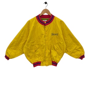 90s Yellow Denim Jacket Vintage Person&#39;s Embroidery Bomber Jacket