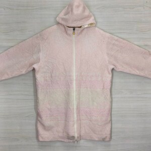 May include: A pink hooded jacket with a white zipper and a subtle ombre pattern. The jacket is made of a soft, fuzzy material.