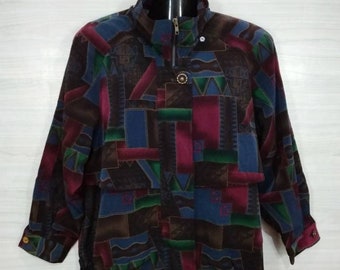 Japanese Brand Jacket Coat Vintage 90s Multicolor Hoodie Top Geometric Patterned Abstract Classic Neon Colorful Ladies Size M Medium