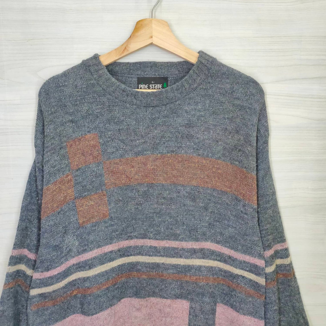 PINE STATE Sweater Vintage Colorblock Jumper Knitted Gray Size - Etsy