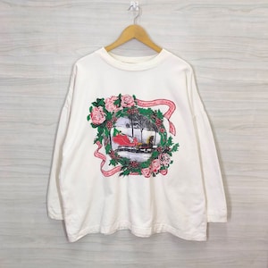 90s Funny Graphic Sweatshirt Environmental Artwear Vintage Christmas Crewneck White Plus Size XXL