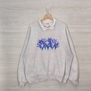 90s Morning Sun Floral Sweatshirt Vintage Purple Wildflower Jumper Pullover Sweater Gray Womens Size 2XL