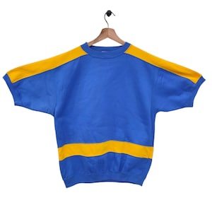 90s Pro Spirit Stripped Short Sleeve Sweatshirt Large Vintage Pro Spirit Colorblock Pullover Blue yellow Size L