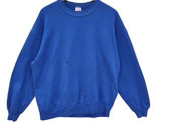 Felpa Jerzees Blank anni '90, taglia media, vintage, semplice, maglione pullover, girocollo, blu, da donna, taglia XL
