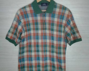 Jaren '90 Poloshirt Medium Vintage Persole Uitstekende modekraag Korte mouw Klassieke geruite maat M