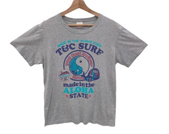 Camiseta hawaiana Vintage T&C Surf Designs "Endless Wave Tour" - Gráfico de lugar de surf de los 90, Yin Yang negro, talla M, mediana, gris