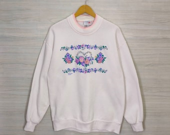 Vintage 90s Morning Sun Sweatshirt Jumper Flowers Print Shirt Ringer Floral Vintage Flowers Print Abstract Pop Art Shirt White Pink Large