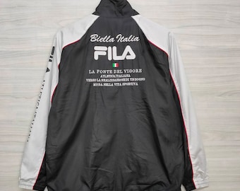 FILA Jacket Vintage 1990s Fila Windbreaker Sportswear Black Colorblock FILA Light Zipper Jacket Hoodie Medium