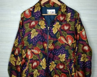 Multicolor Flora Print CA Sport Vintage 90s Long sleeve Silk Shirt Zipper All Over Print Aloha Tropical party Size L Large