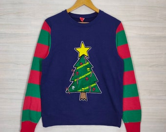 Weihnachtsbaum Pullover, Colorblock Pullover, Buntes Sweatshirt, Frohe Weihnachten Rundhalsausschnitt, Medium