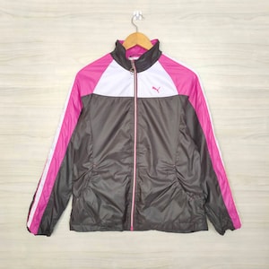 PUMA Jacket Vintage 1990s Puma Windbreaker Sportswear Colorblock Black Pink Puma Light Zipper Jacket Ladies Size L Large