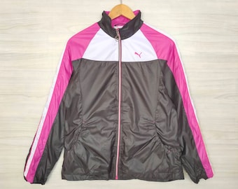 PUMA Jacke Vintage 1990er Jahre Puma Windbreaker Sportswear Colorblock Schwarz Rosa leichte Reißverschlussjacke Damen Größe L Large