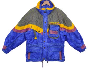 MISTRAL Ski Jacket Medium, Vintage Colorblock Winter Jacket, Retro 80s 90s Style, Mistral Spirit of Sports, Yellow Blue, Multicolor Jacket