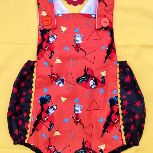 Incredible Dash Romper 0-4yrs, custom handmade baby clothes, boys outfit boy costume, bubble romper, super hero, Mrs Mr incredible fabric.