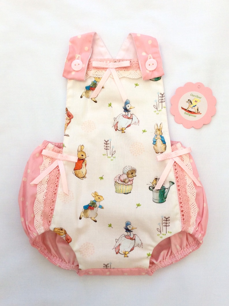 Peter rabbit & friends baby romper 0 to 2y new vintage clothing, custom made girls  clothes, girl outfit, babies pink, baby gift, new born. 