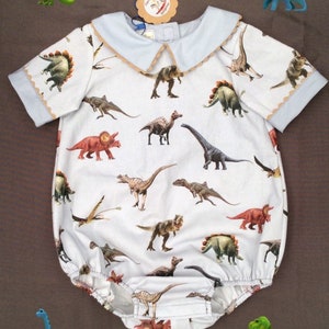 Dinosaur romper suit, boys girls 0-4y, handmade vintage boy girl outfit Dino costume outfits bubble style prehistoric print dinosaurs fabric