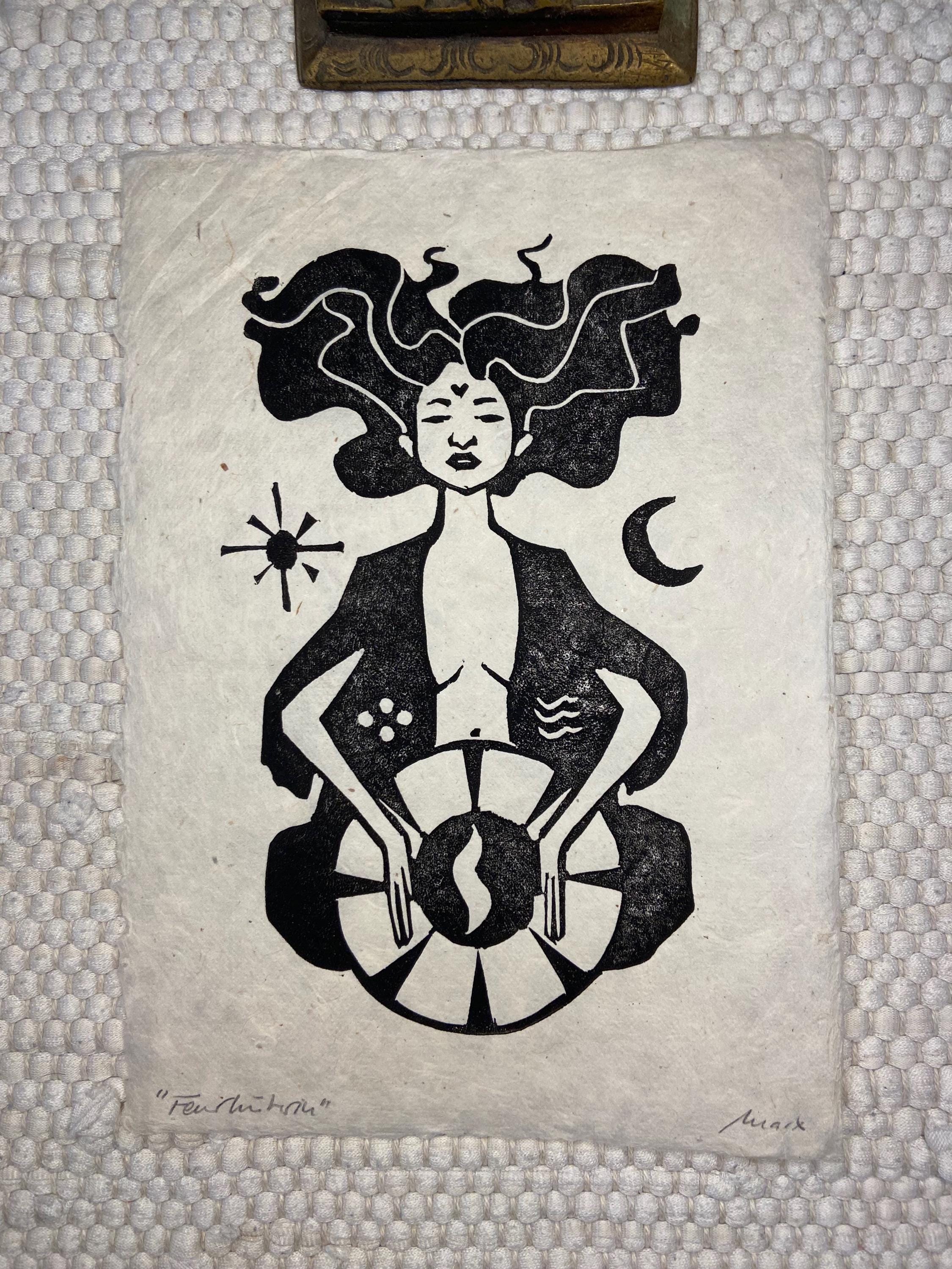 Linocut print "Firekeeper" on handmade daphne paper A5