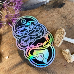 Puede incluir: Una pegatina holográfica con una serpiente negra enroscada en forma de ocho. El diseño de la serpiente incluye formas oculares geométricas, una hoja en la parte superior y un corazón en el extremo de la cola sobre un fondo de arcoíris.