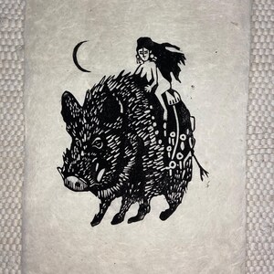 Linoldruck, Linocut „Freya"  auf handgeschöpftem Seidelbast Papier A4