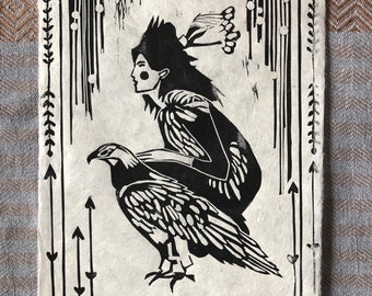 Linoldruck „Eagle Spirit" auf handgeschöpftem Seidelbast Papier A4