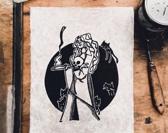 Linoldruck, Linocut „Kamikatze"  auf handgeschöpftem Seidelbast Papier A4