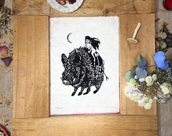 Linocut &quot;Freya&quot; on handmade daphne paper A4
