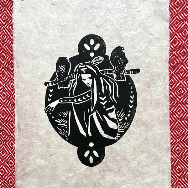 Linoldruck „Raven" auf handgeschöpftem Seidelbast Papier A4