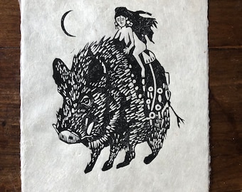 Linoldruck, Linocut „Freya"  auf handgeschöpftem Seidelbast Papier A4