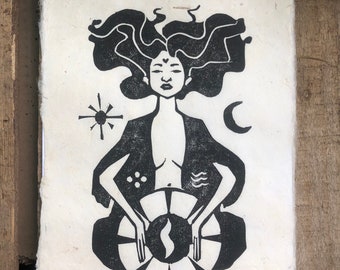 Linocut print "Firekeeper" on handmade daphne paper A5