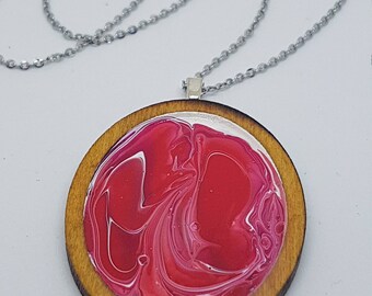 Hand painted abstract wooden framed painting pendant necklace wearable art with stainless chain art jewelry