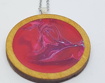 Hand painted abstract round wooden framed painting pendant necklace wearable art with stainless chain art jewelry