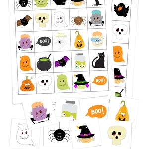 Two Halloween bingo cards laid out across the page with 8 calling cards stacked below them -- a purple monster, a jar of eyeballs, boo!, a jack-o-lantern, a ghost, a spider, a witch, and a skull.