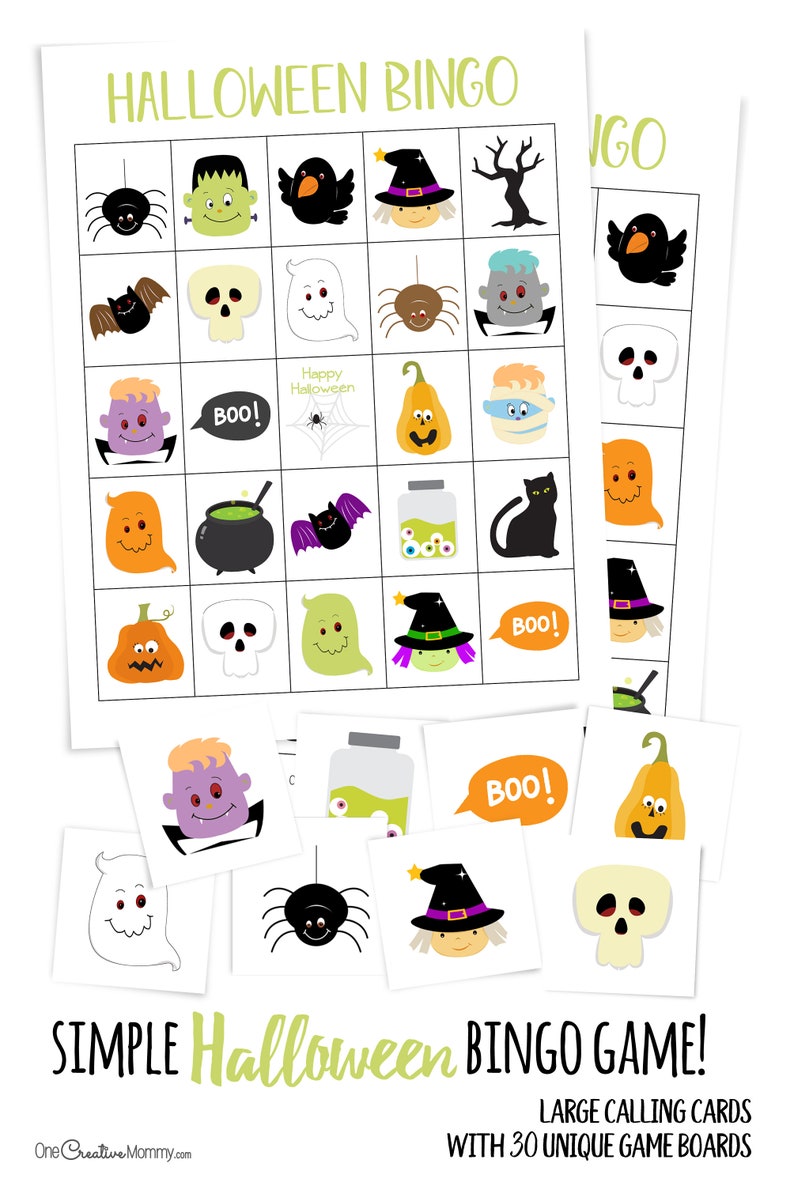 Two Halloween bingo cards laid out across the page with 8 calling cards stacked below them -- a purple monster, a jar of eyeballs, boo!, a jack-o-lantern, a ghost, a spider, a witch, and a skull.